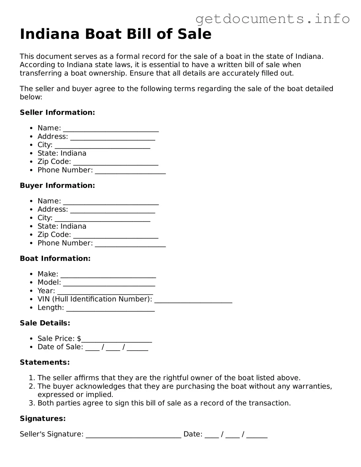 Free  Boat Bill of Sale Template for Indiana
