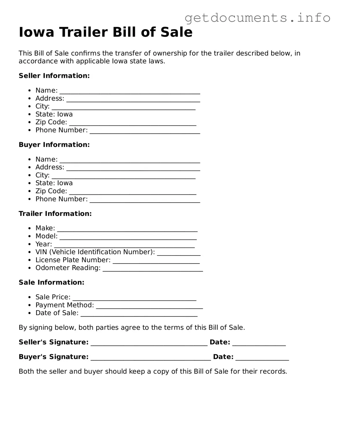 Free Trailer Bill of Sale Template for Iowa