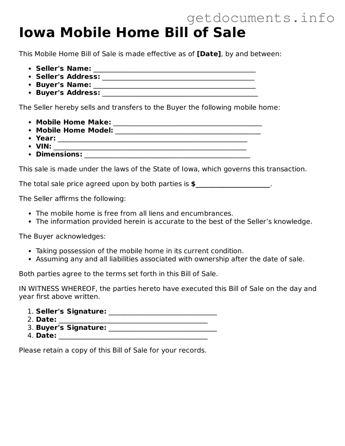Free Mobile Home Bill of Sale Template for Iowa