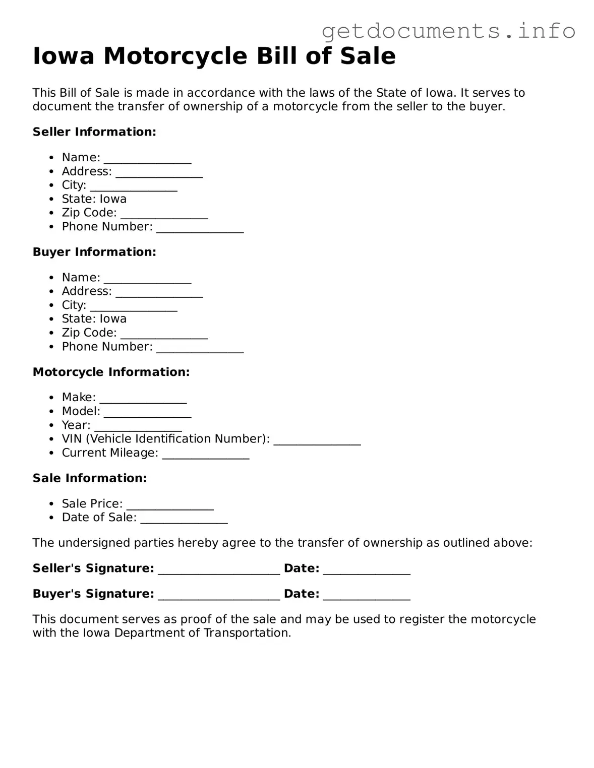 Free Motorcycle Bill of Sale Template for Iowa