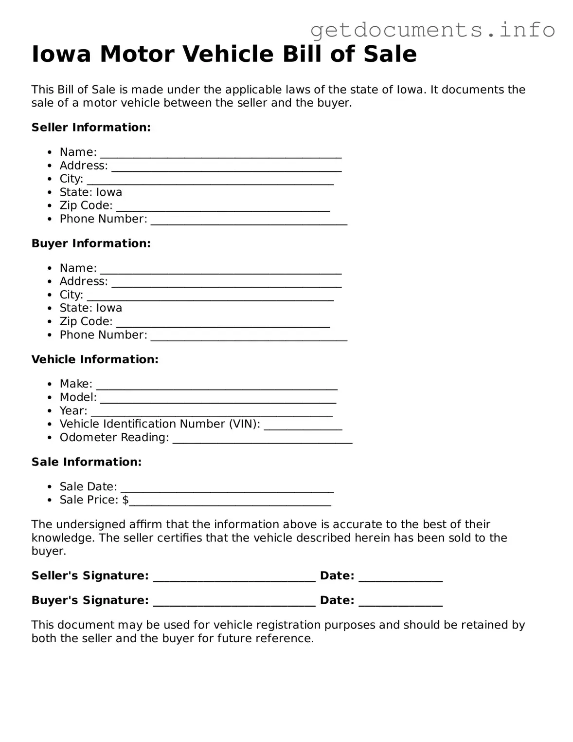 Free Motor Vehicle Bill of Sale Template for Iowa