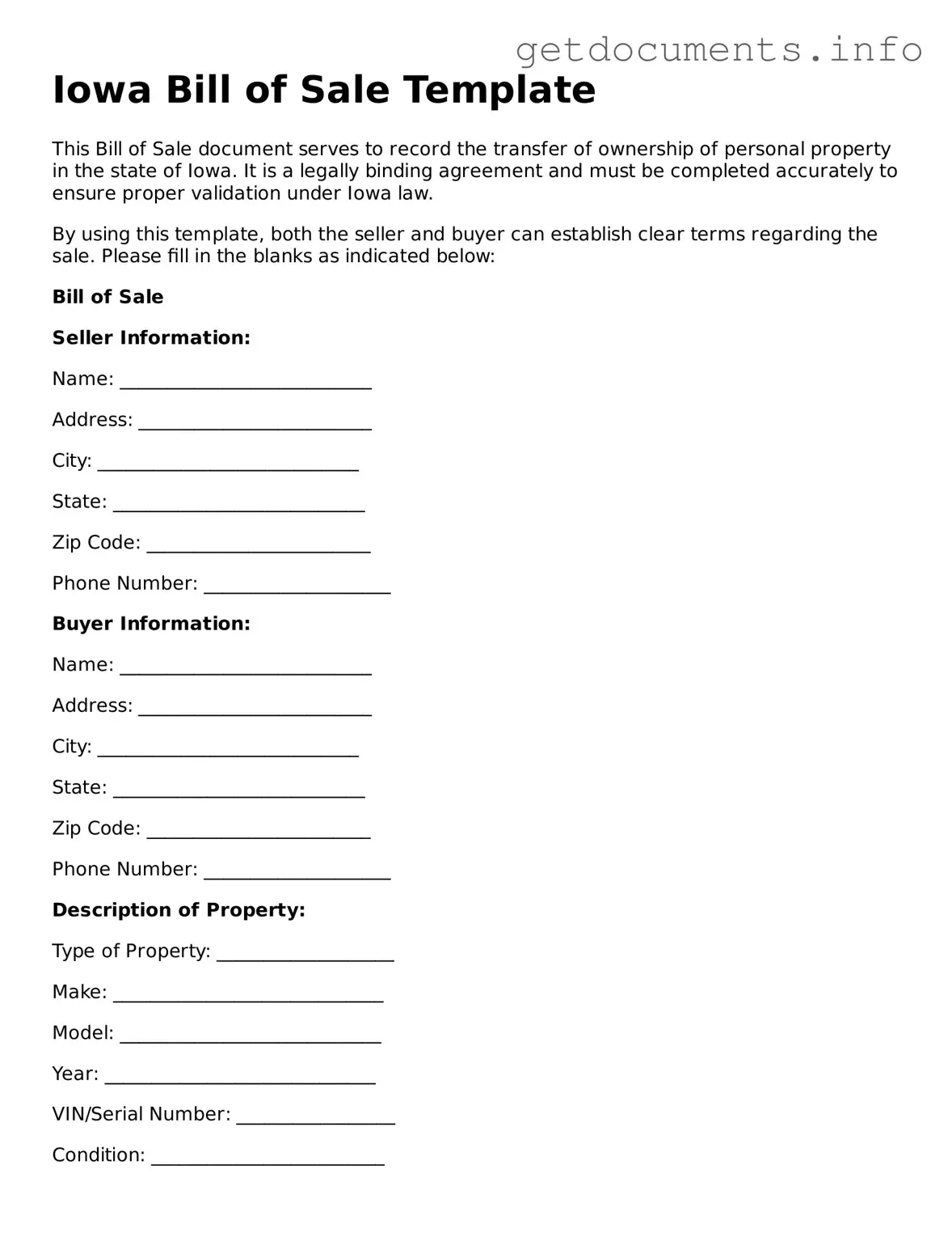 Free Bill of Sale Template for Iowa