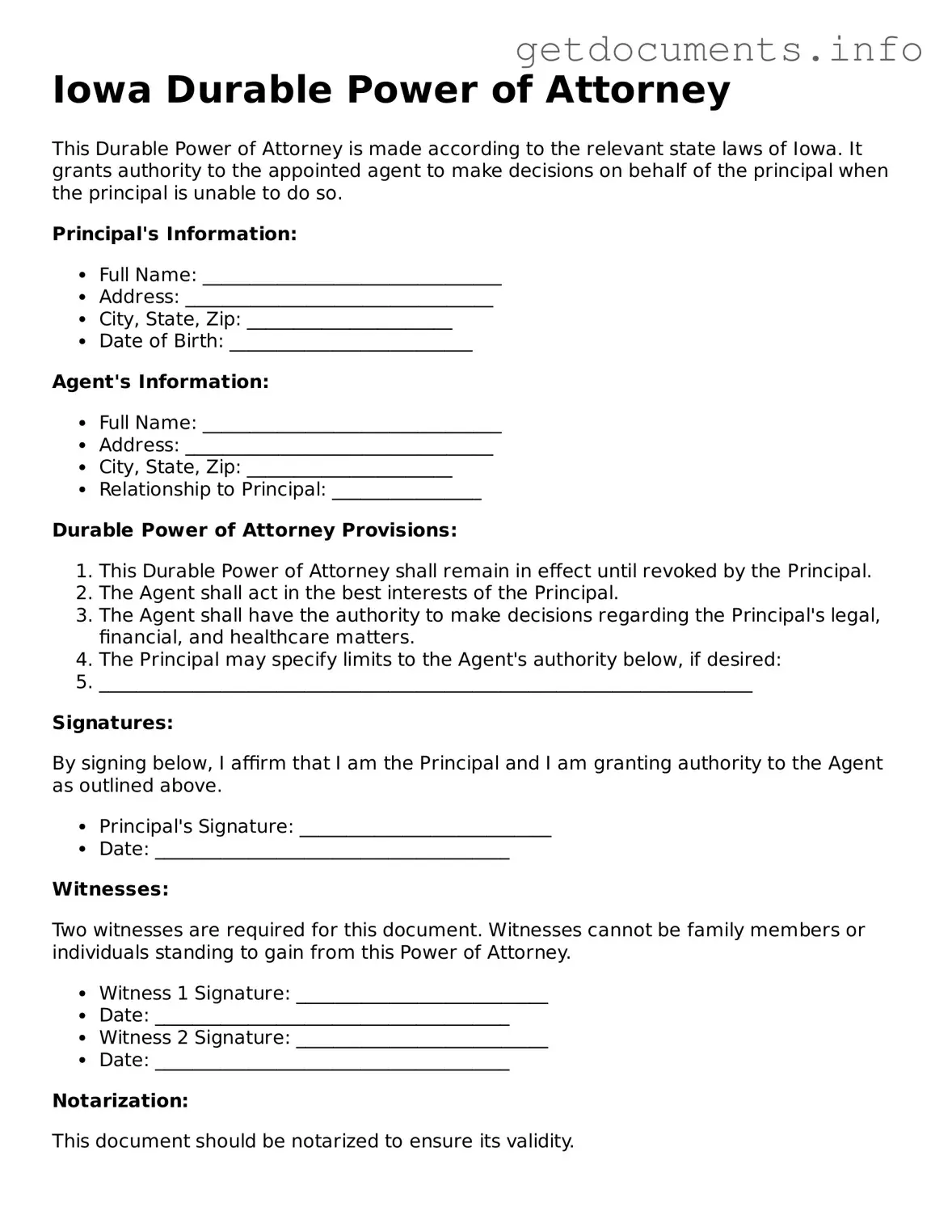 Free Durable Power of Attorney Template for Iowa