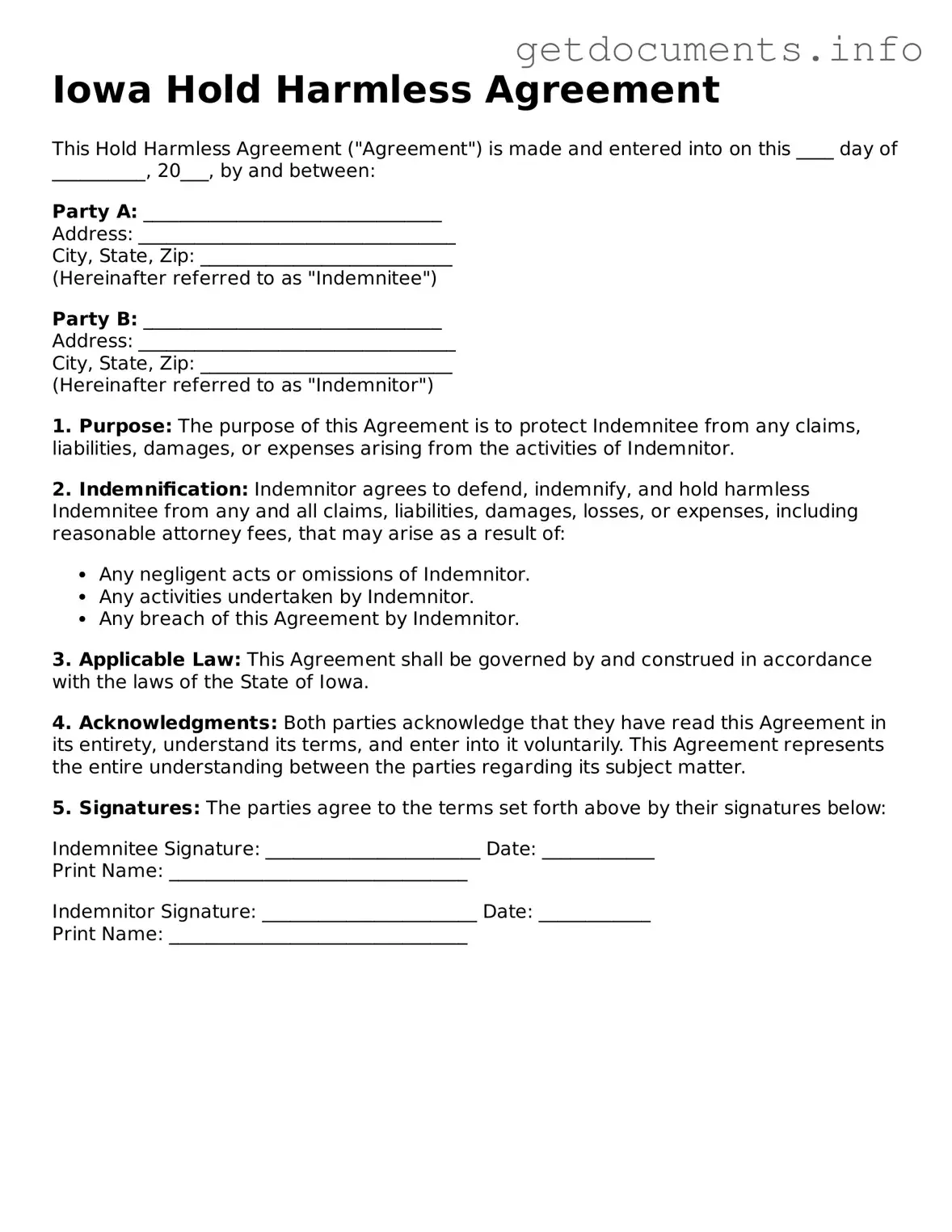Free  Hold Harmless Agreement Template for Iowa