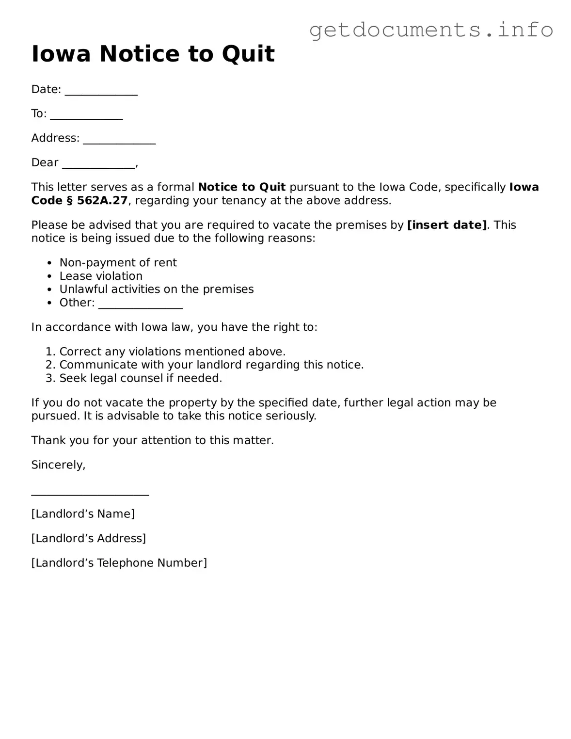 Free Notice to Quit Template for Iowa