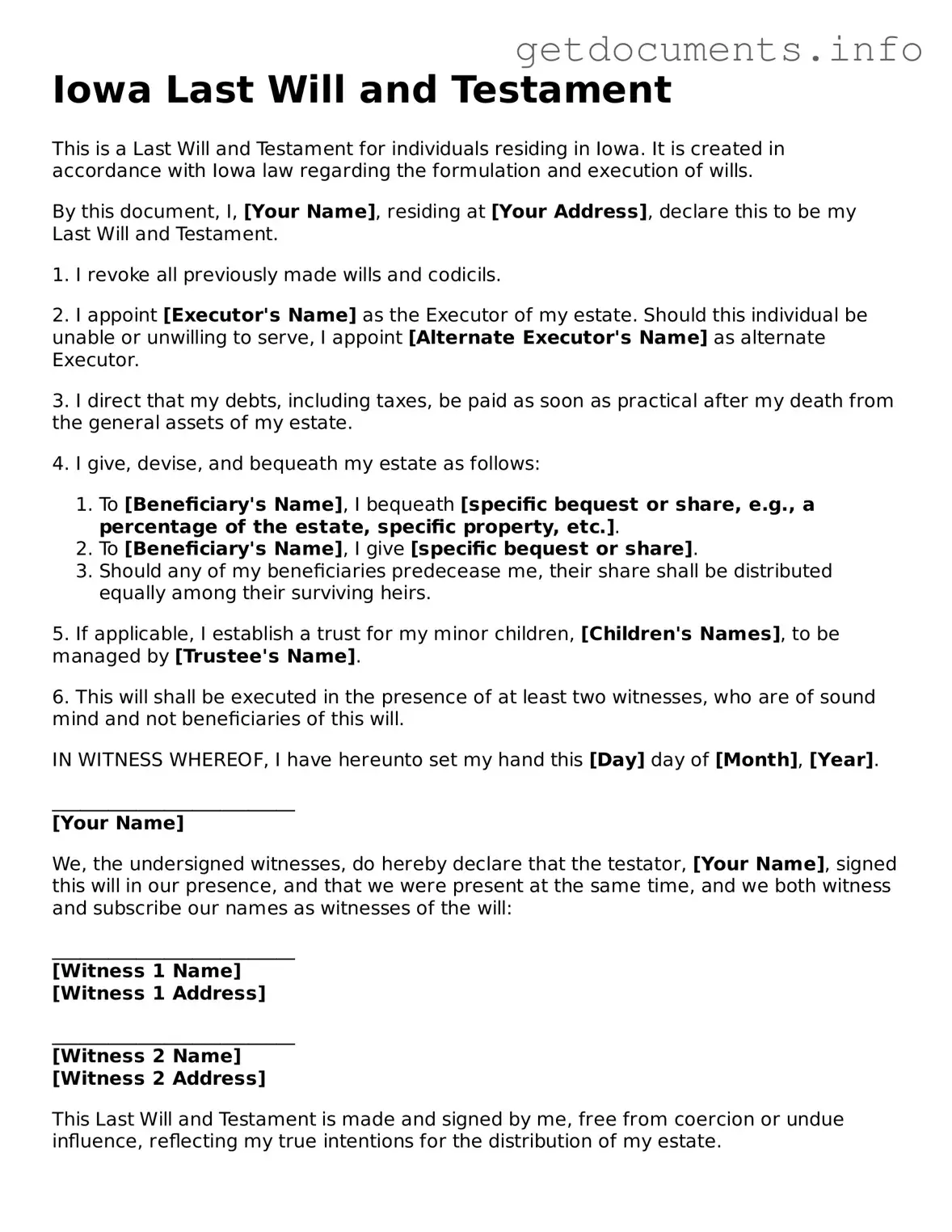 Free Last Will and Testament Template for Iowa
