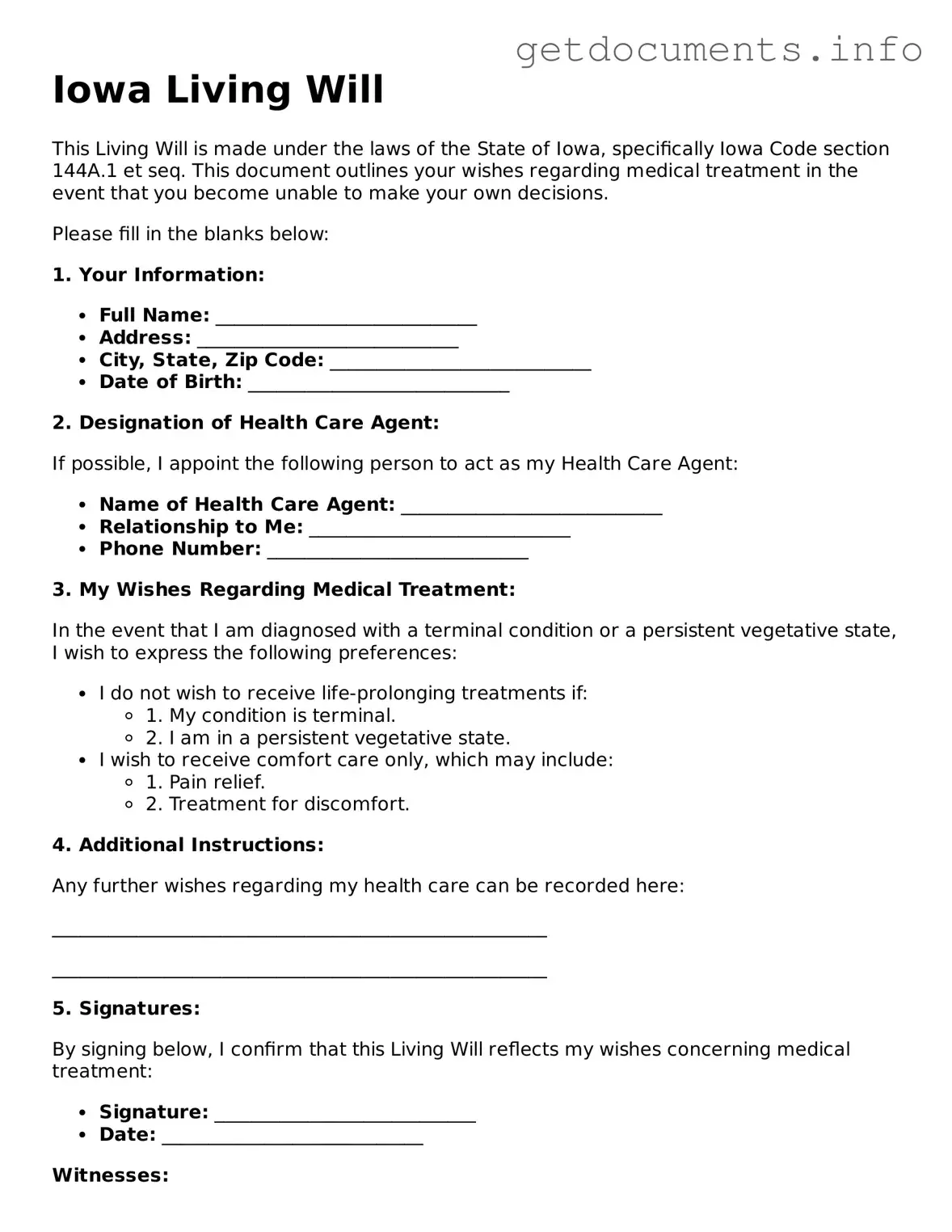 Free Living Will Template for Iowa