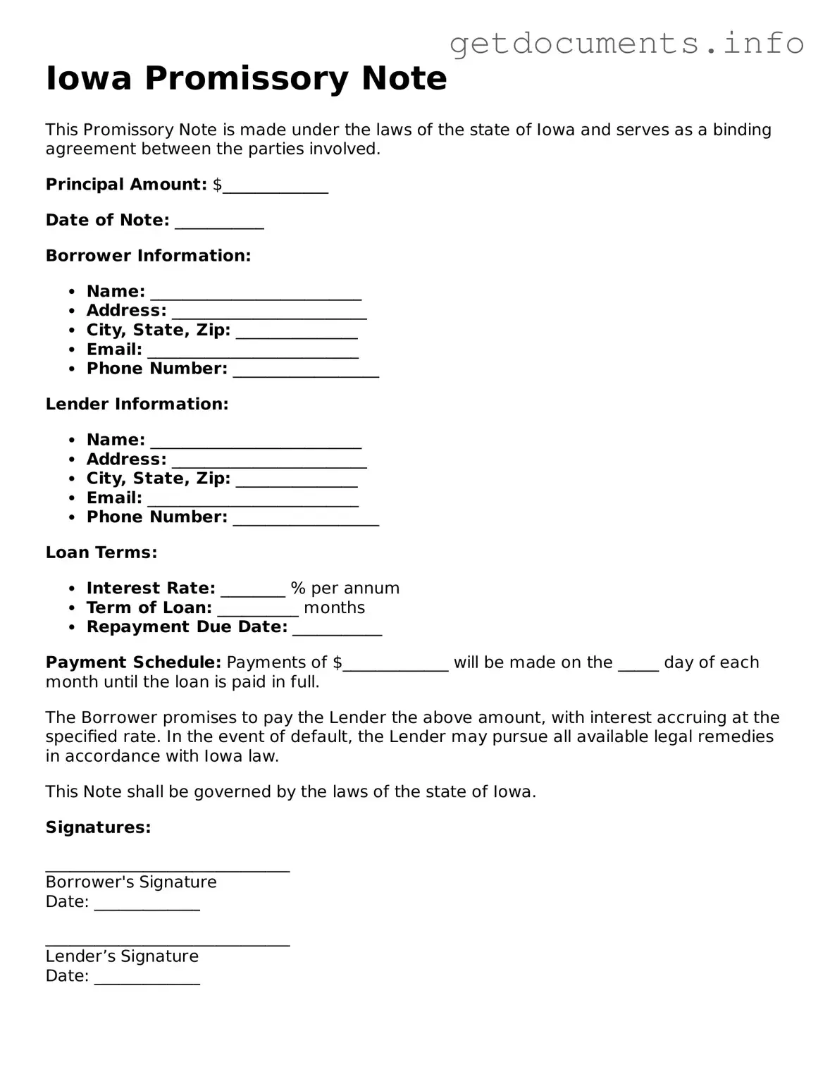 Free Promissory Note Template for Iowa