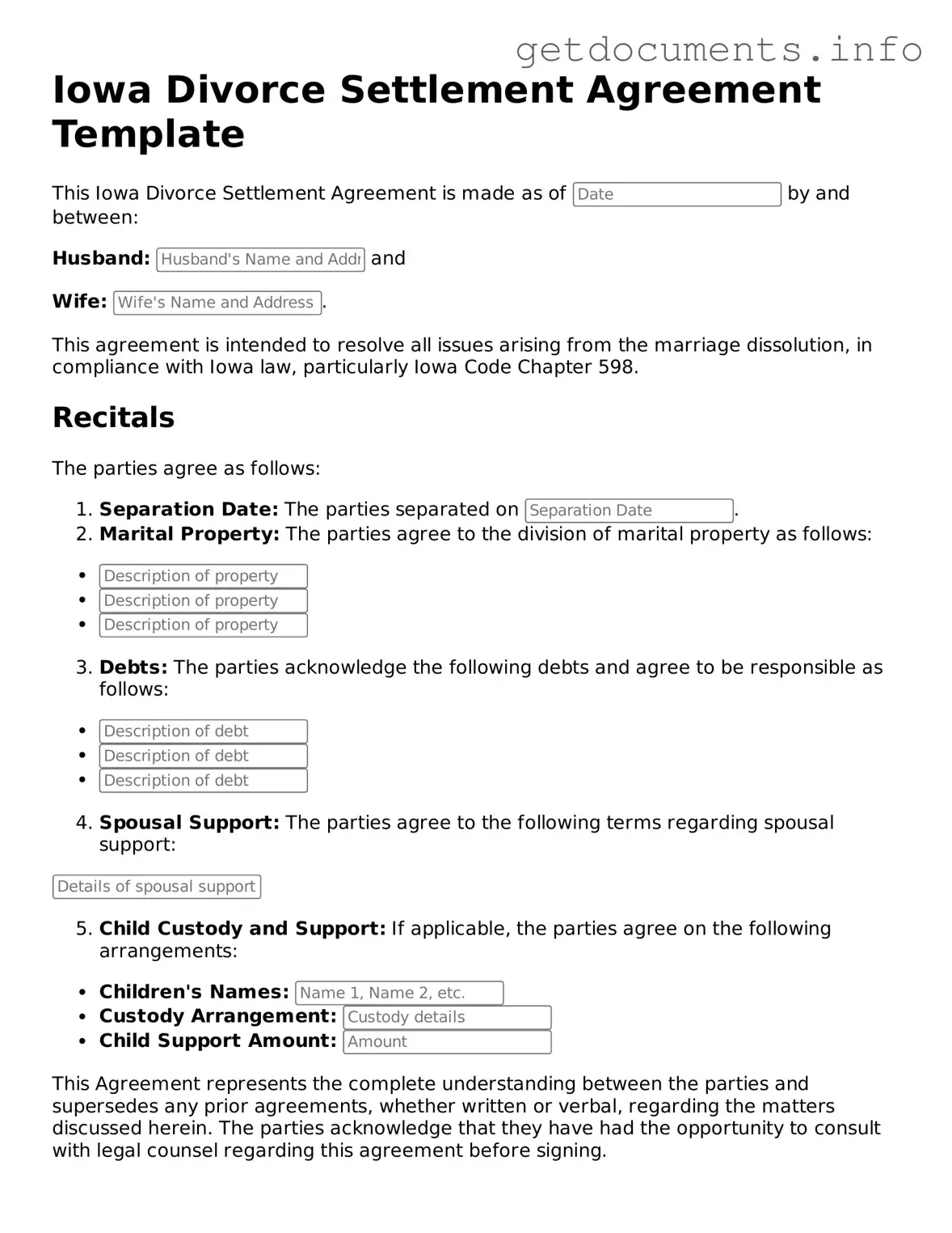Free Divorce Settlement Agreement Template for Iowa