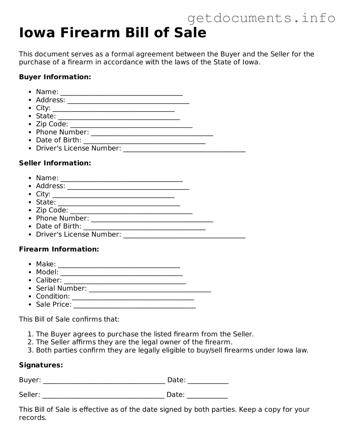 Free  Firearm Bill of Sale Template for Iowa