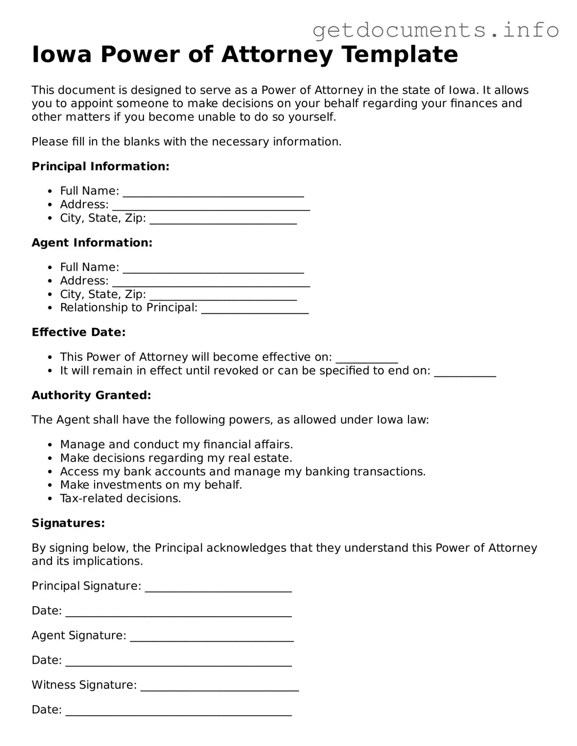 Free  Power of Attorney Template for Iowa