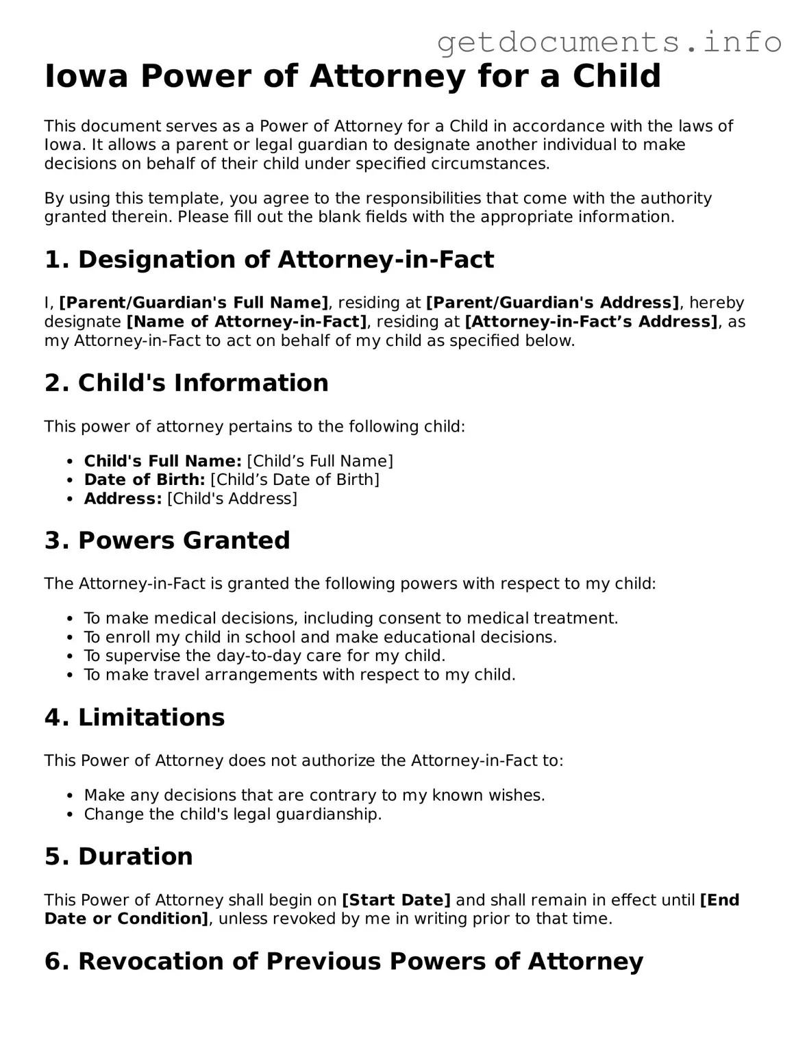 Free  Power of Attorney for a Child Template for Iowa