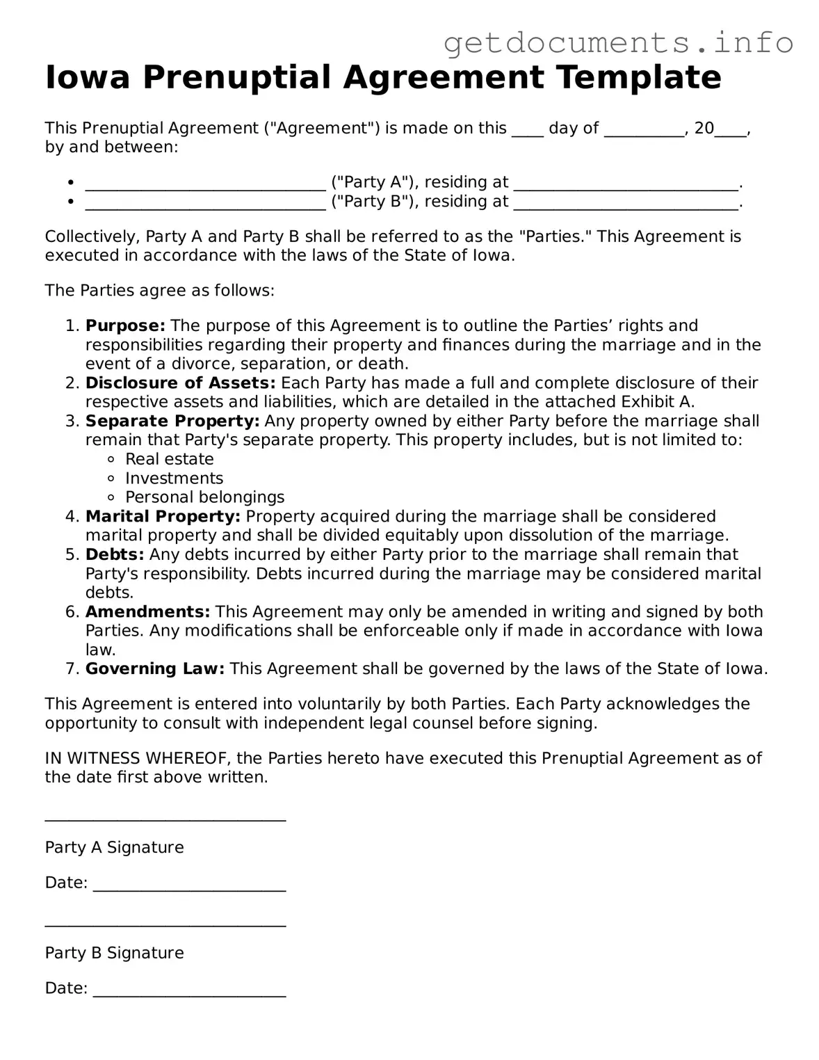Free  Prenuptial Agreement Template for Iowa