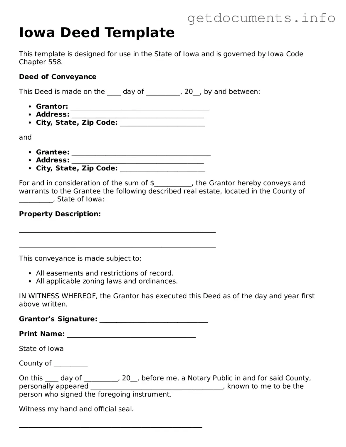 Free  Deed Template for Iowa