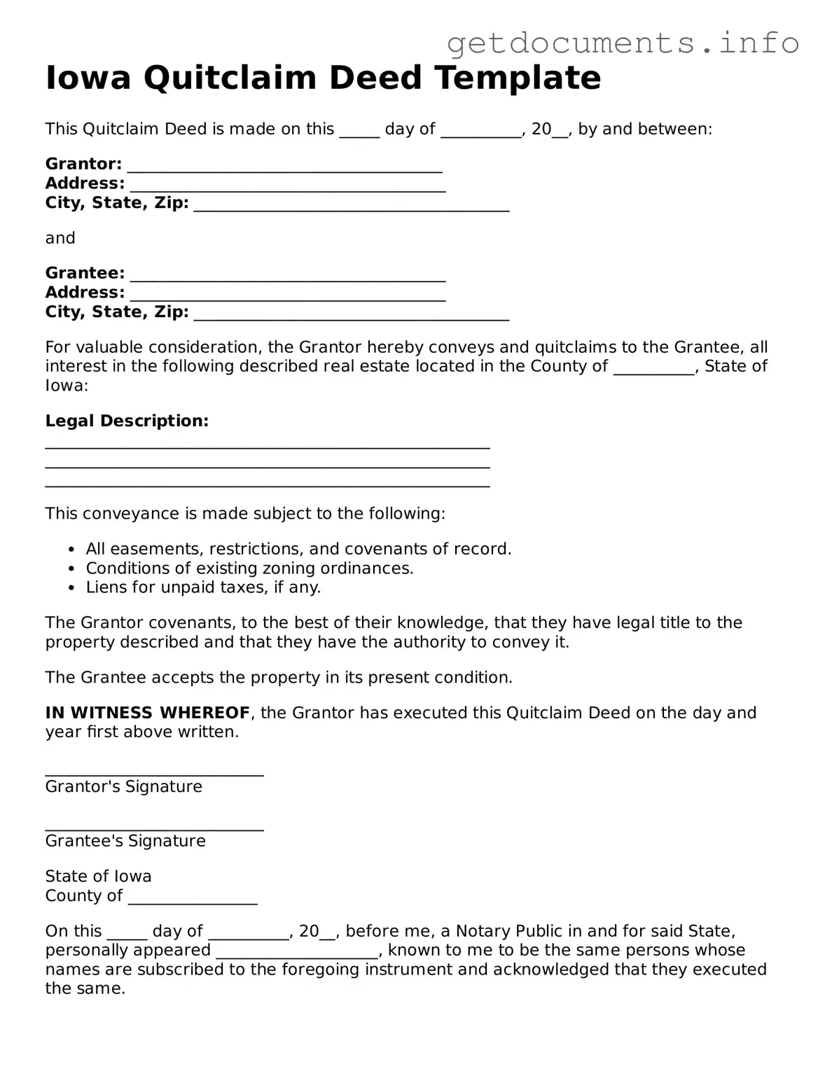 Free Quitclaim Deed Template for Iowa