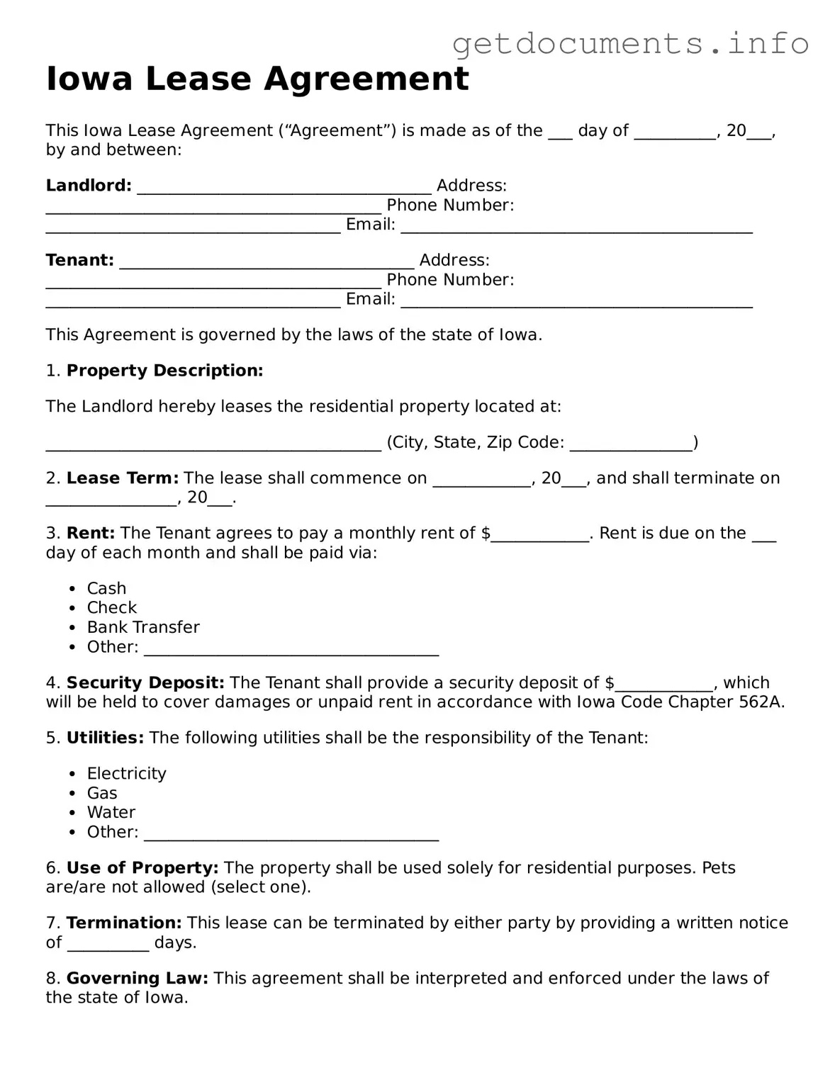 Free  Lease Agreement Template for Iowa
