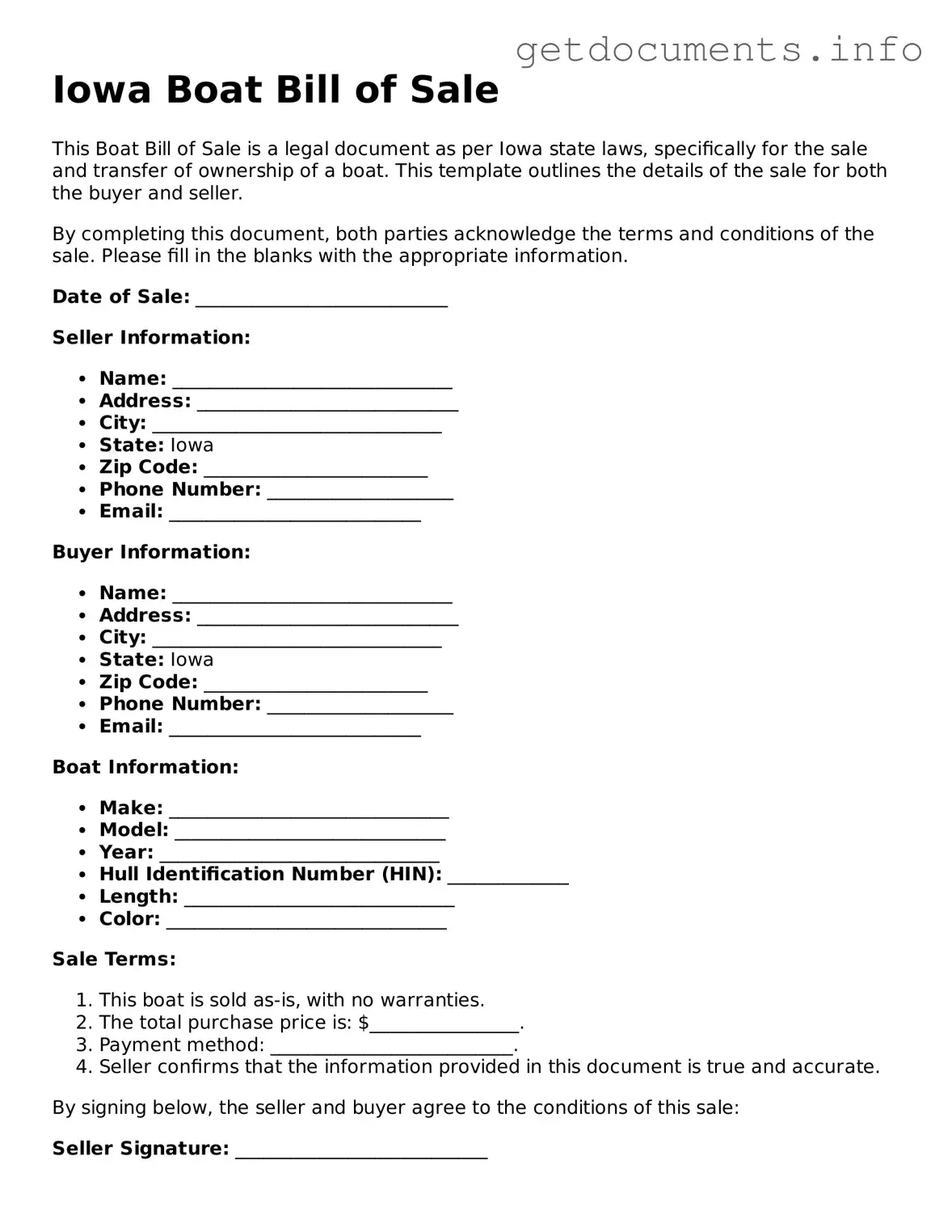 Free  Boat Bill of Sale Template for Iowa