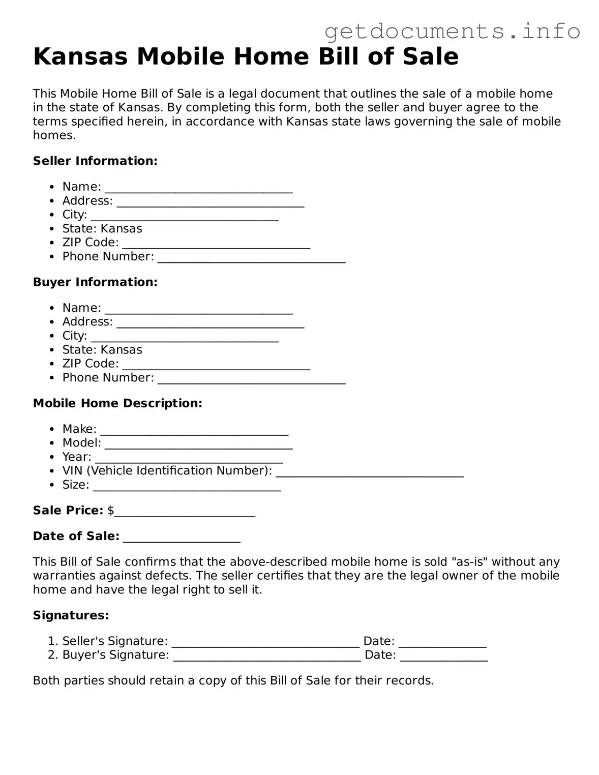 Free Mobile Home Bill of Sale Template for Kansas