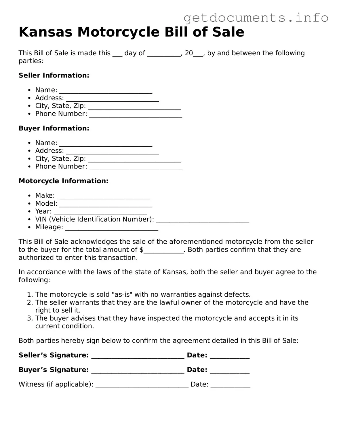 Free  Motorcycle Bill of Sale Template for Kansas