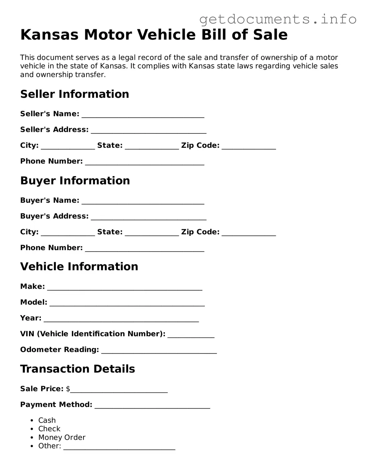 Free Motor Vehicle Bill of Sale Template for Kansas