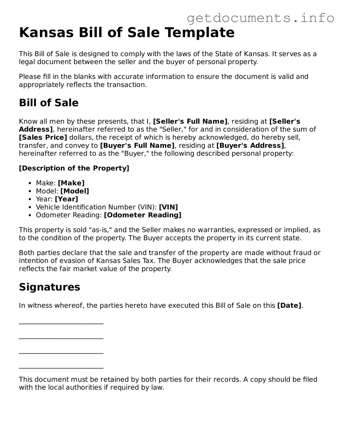 Free Bill of Sale Template for Kansas