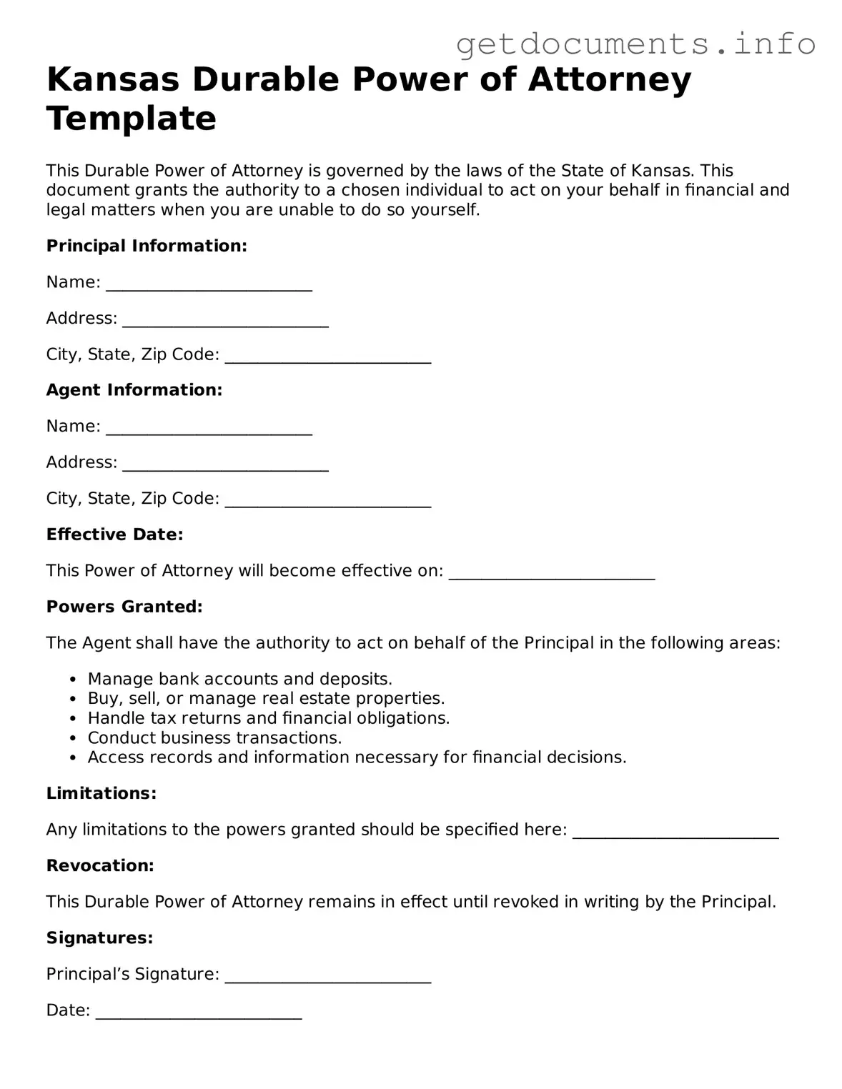 Free Durable Power of Attorney Template for Kansas