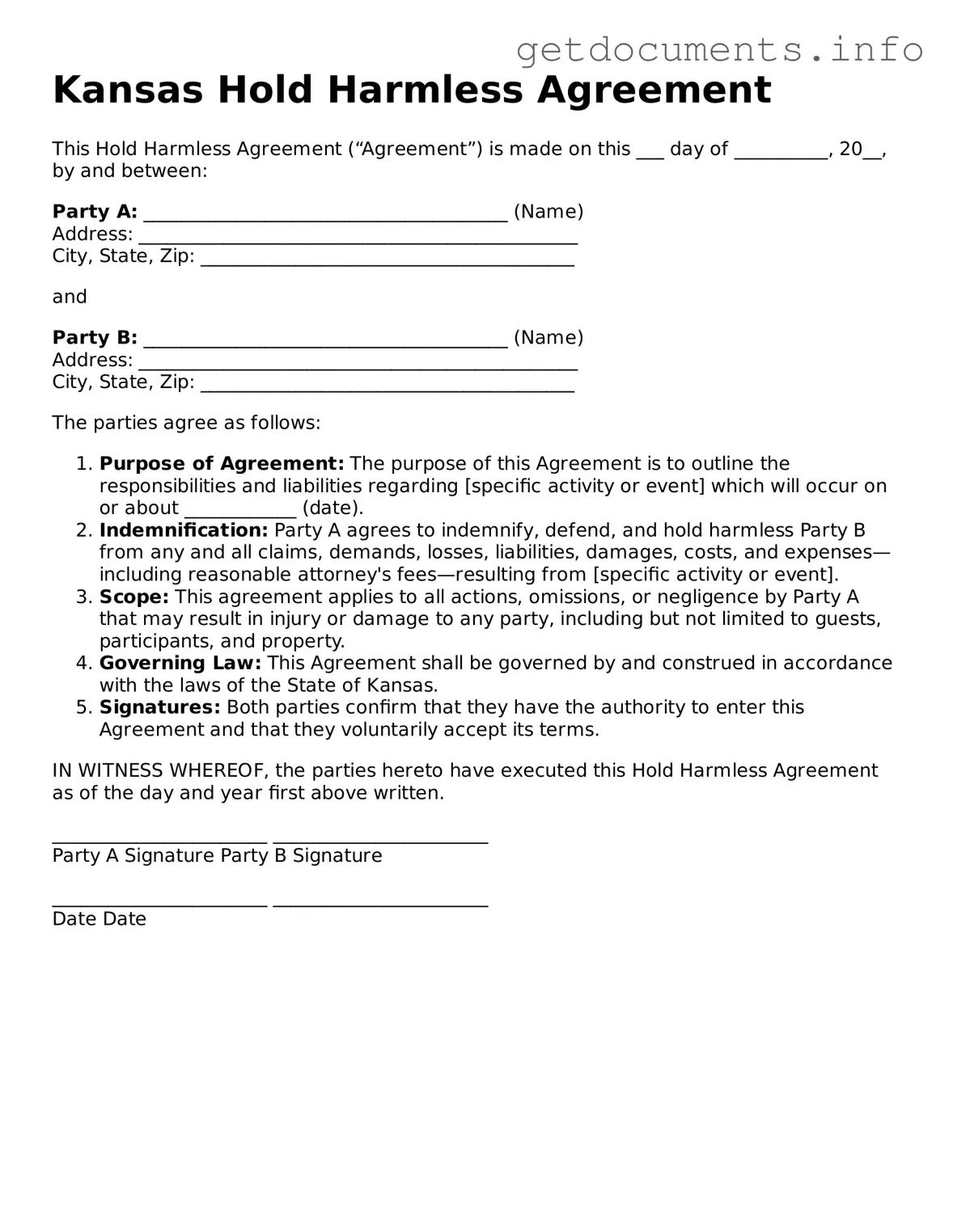 Free Hold Harmless Agreement Template for Kansas