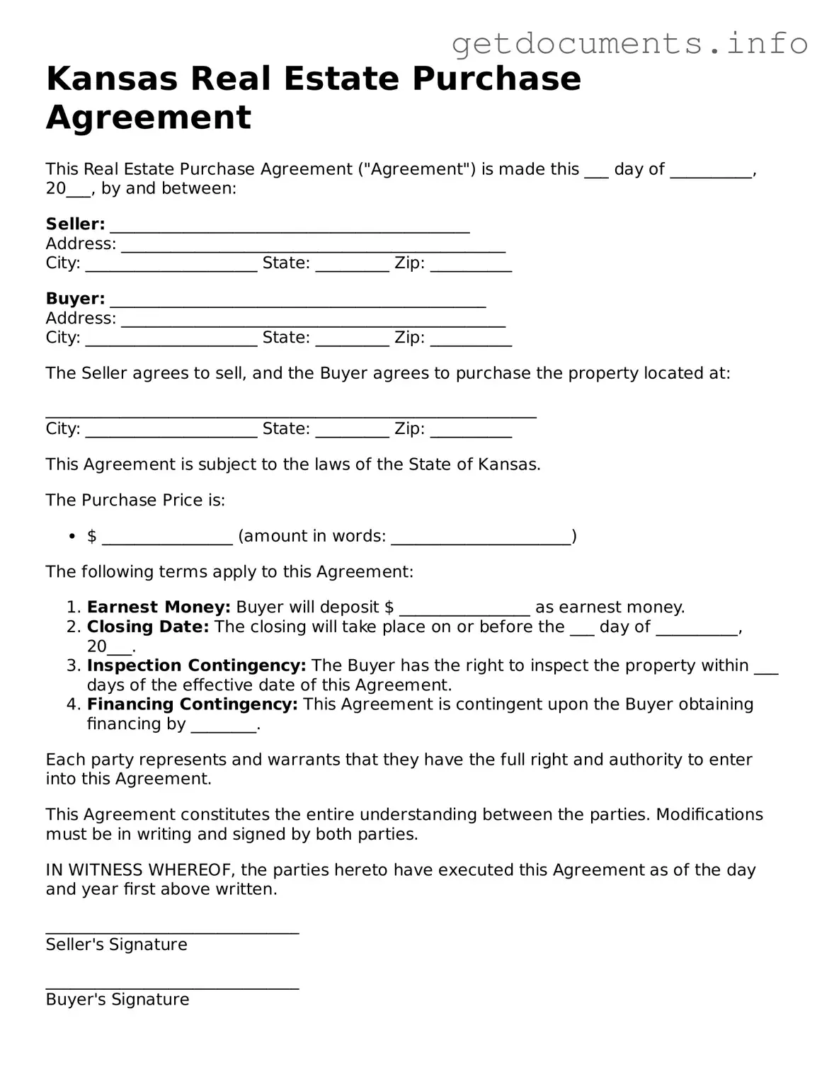 Free Real Estate Purchase Agreement Template for Kansas