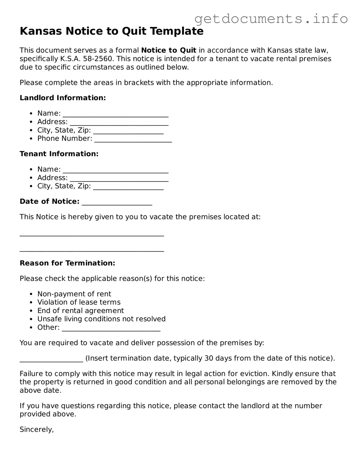 Free Notice to Quit Template for Kansas