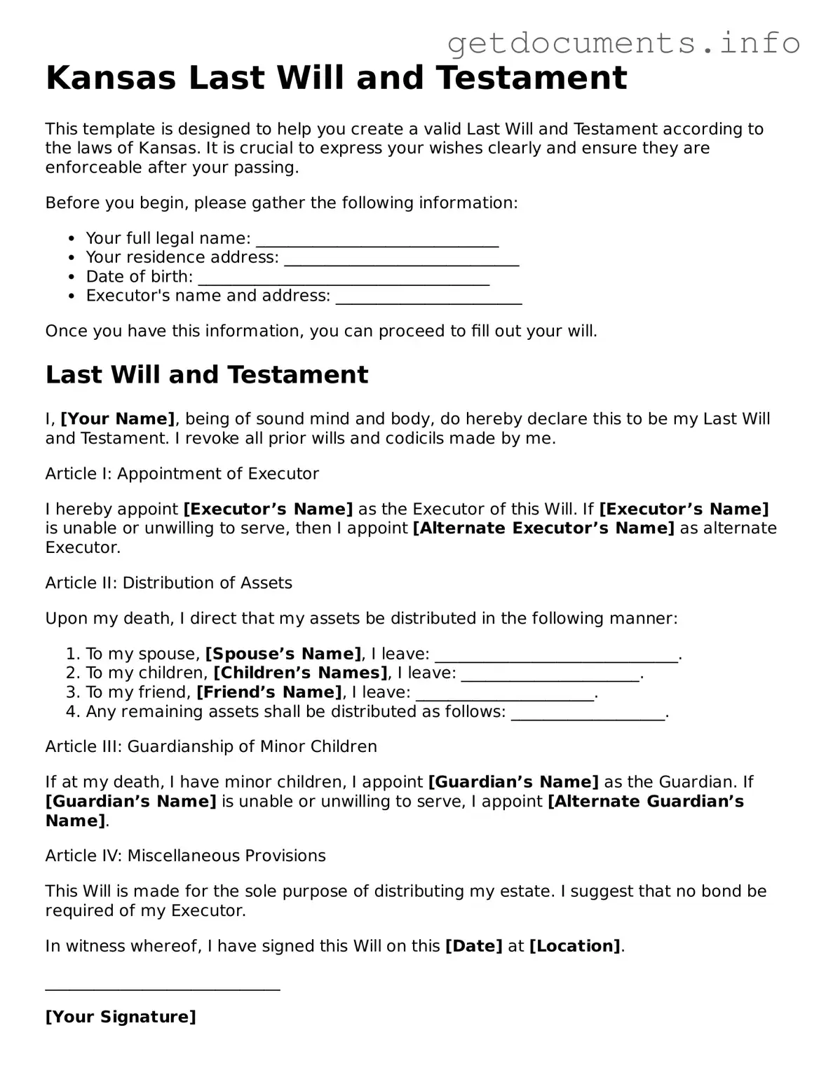 Free  Last Will and Testament Template for Kansas