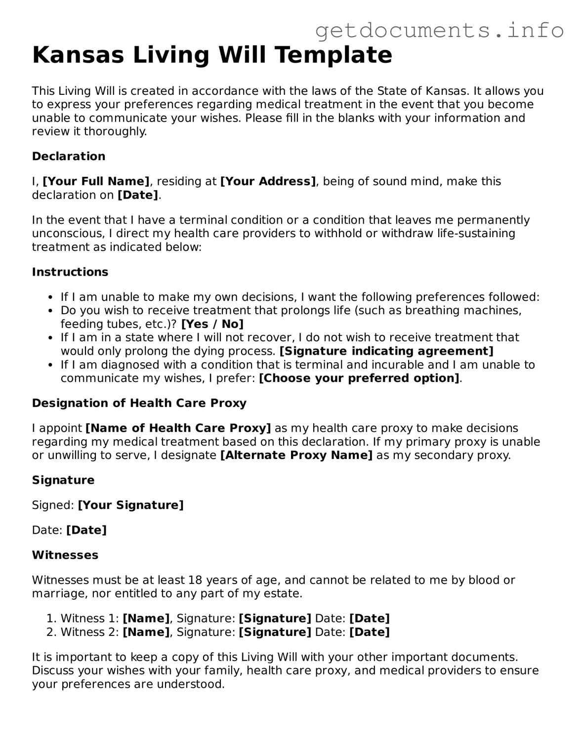 Free Living Will Template for Kansas