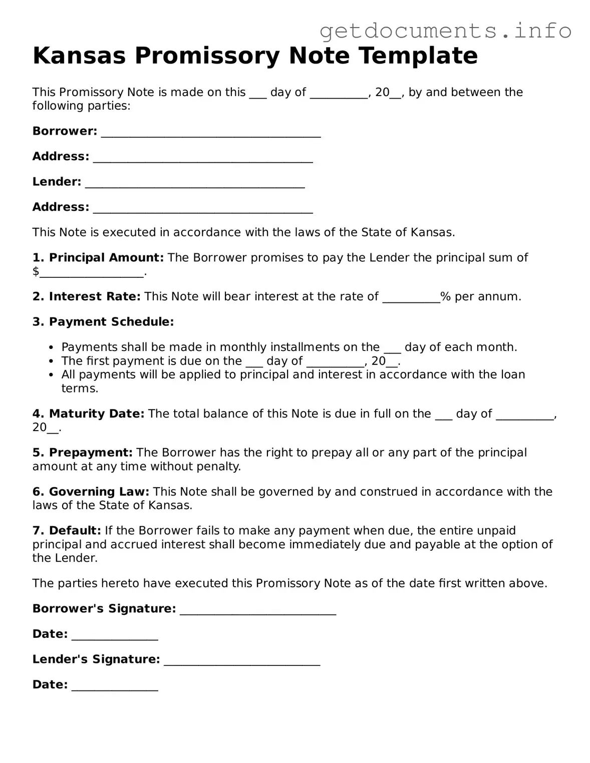 Free  Promissory Note Template for Kansas