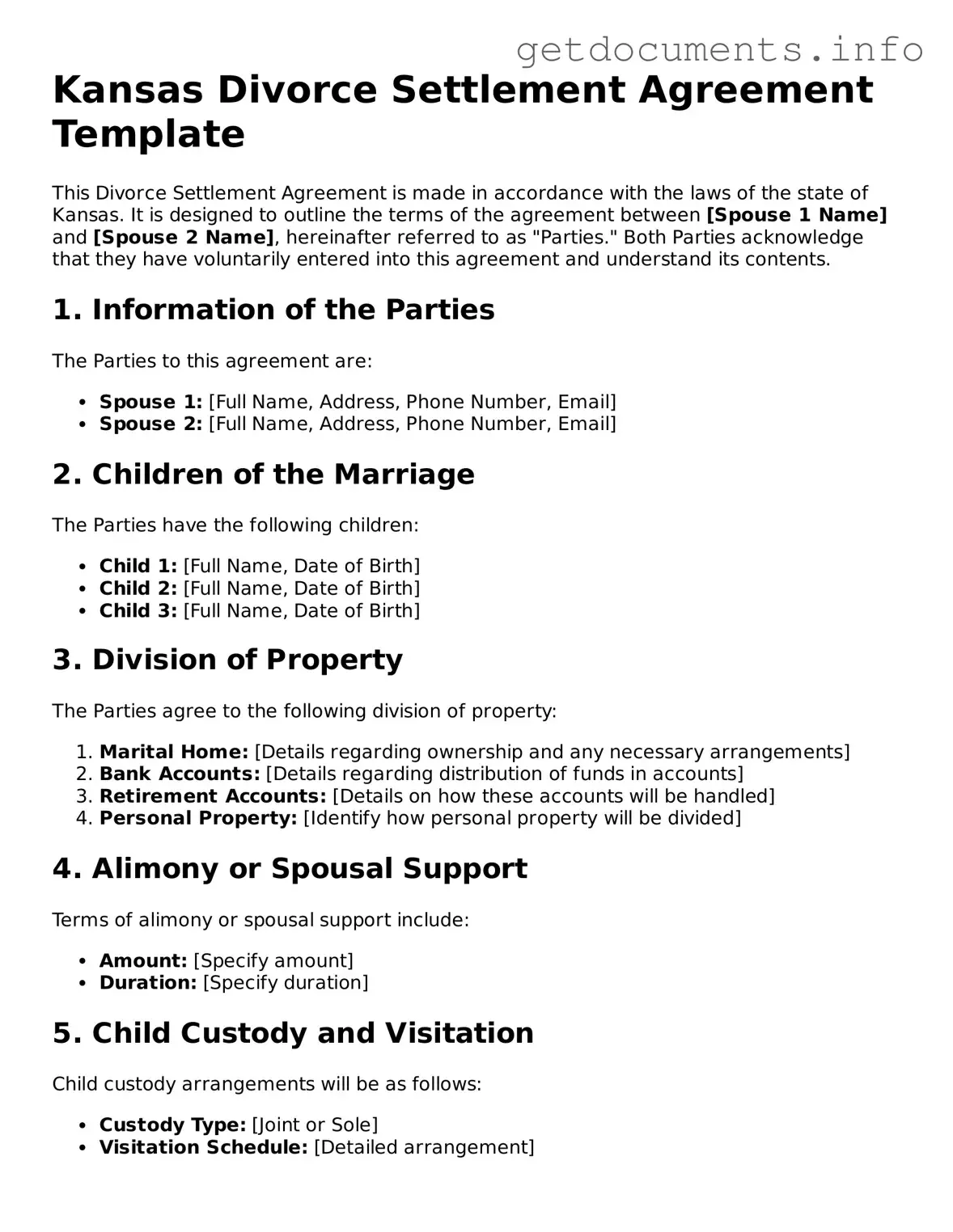 Free Divorce Settlement Agreement Template for Kansas