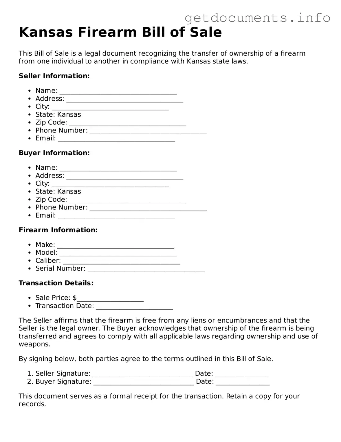 Free Firearm Bill of Sale Template for Kansas