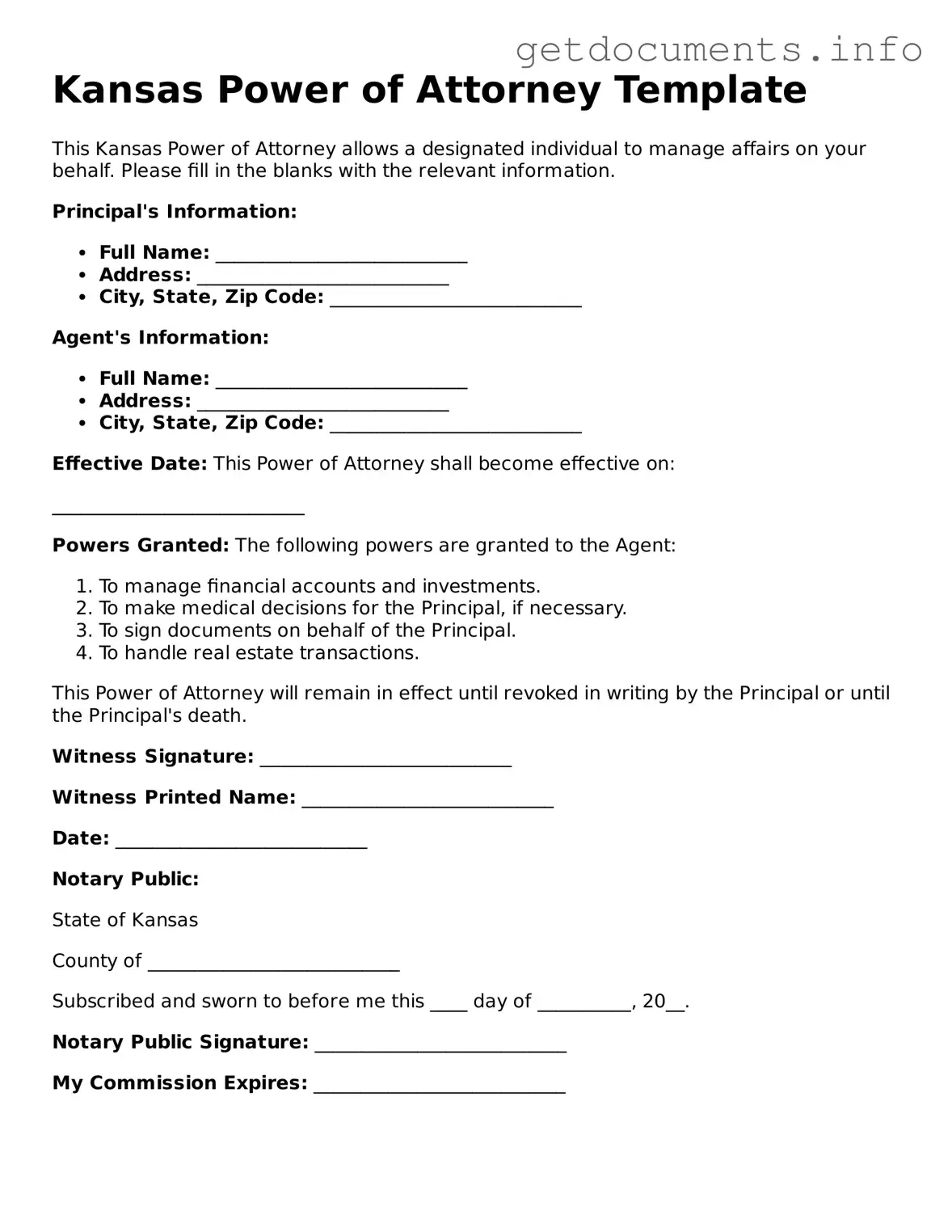 Free Power of Attorney Template for Kansas
