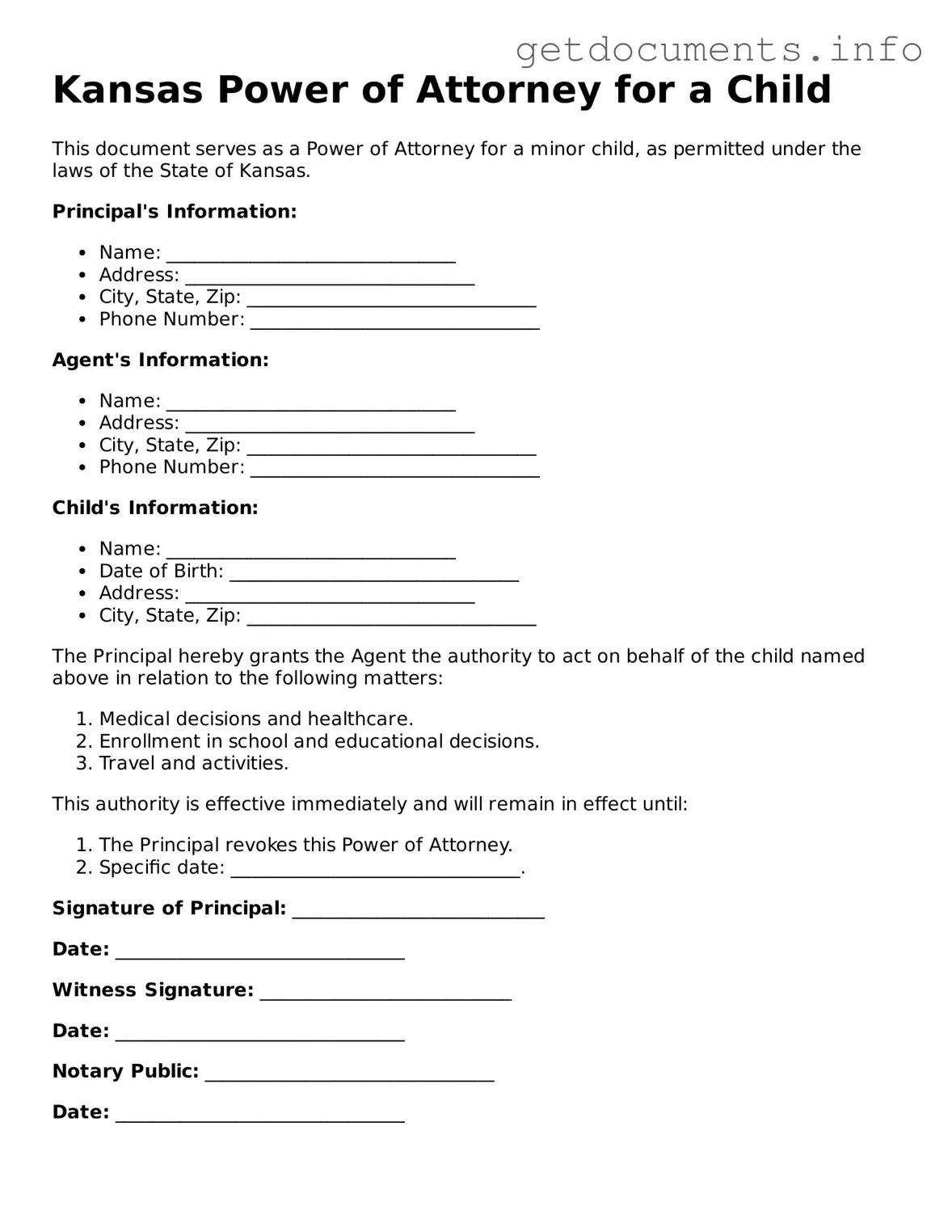 Free Power of Attorney for a Child Template for Kansas