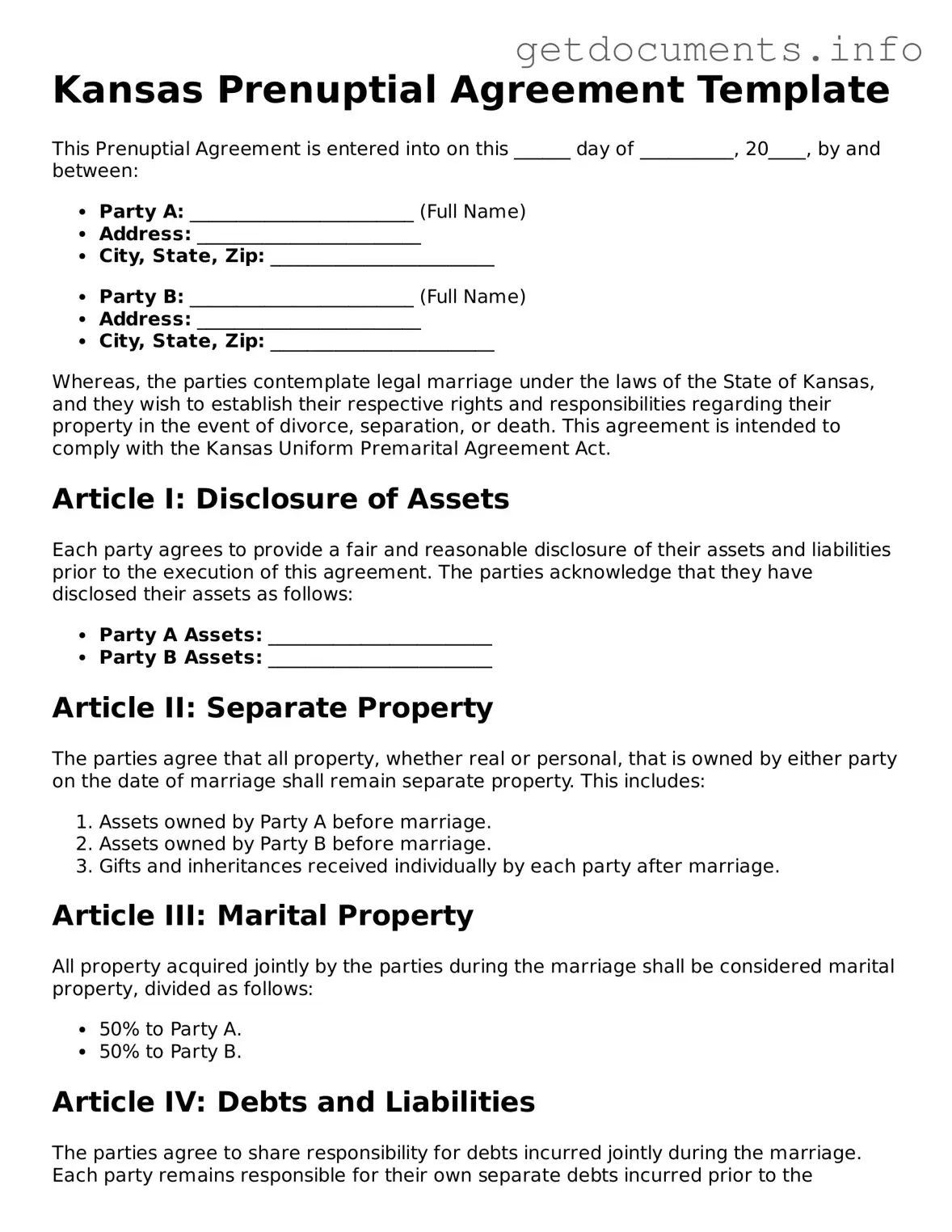 Free Prenuptial Agreement Template for Kansas