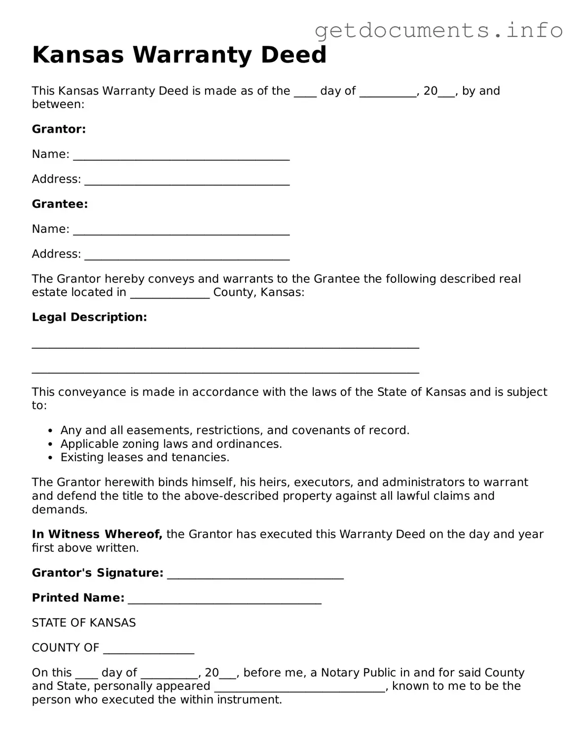 Free  Deed Template for Kansas
