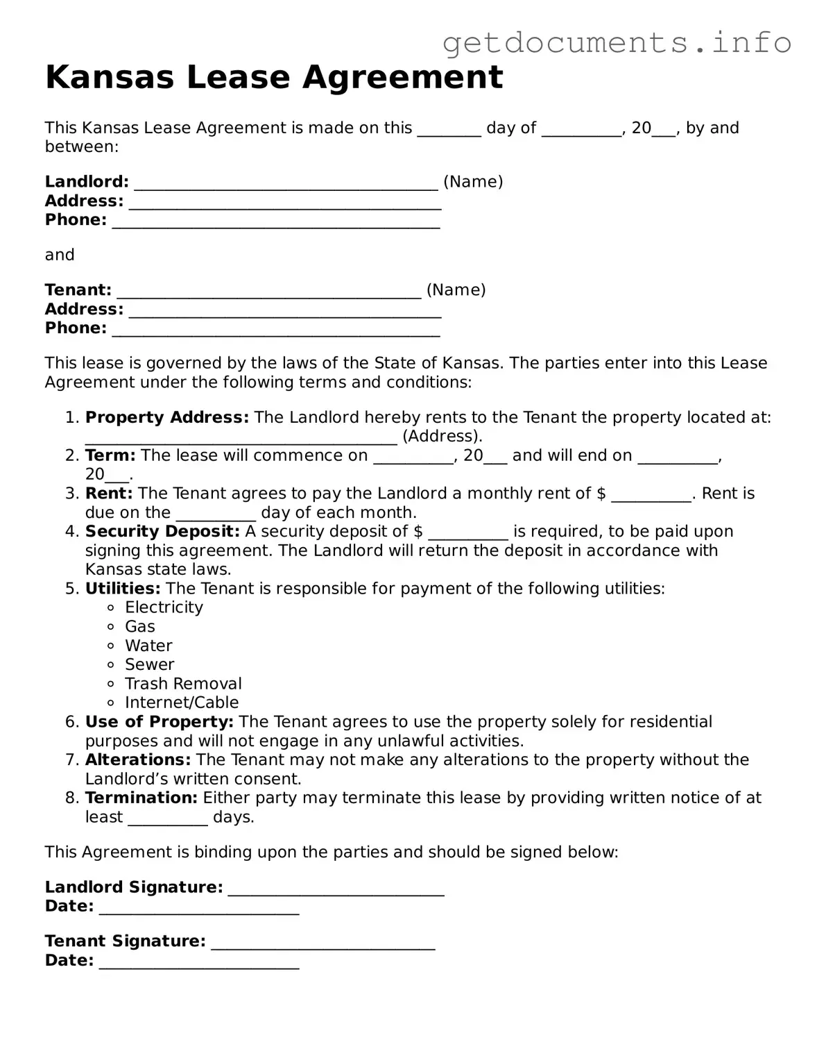 Free Lease Agreement Template for Kansas