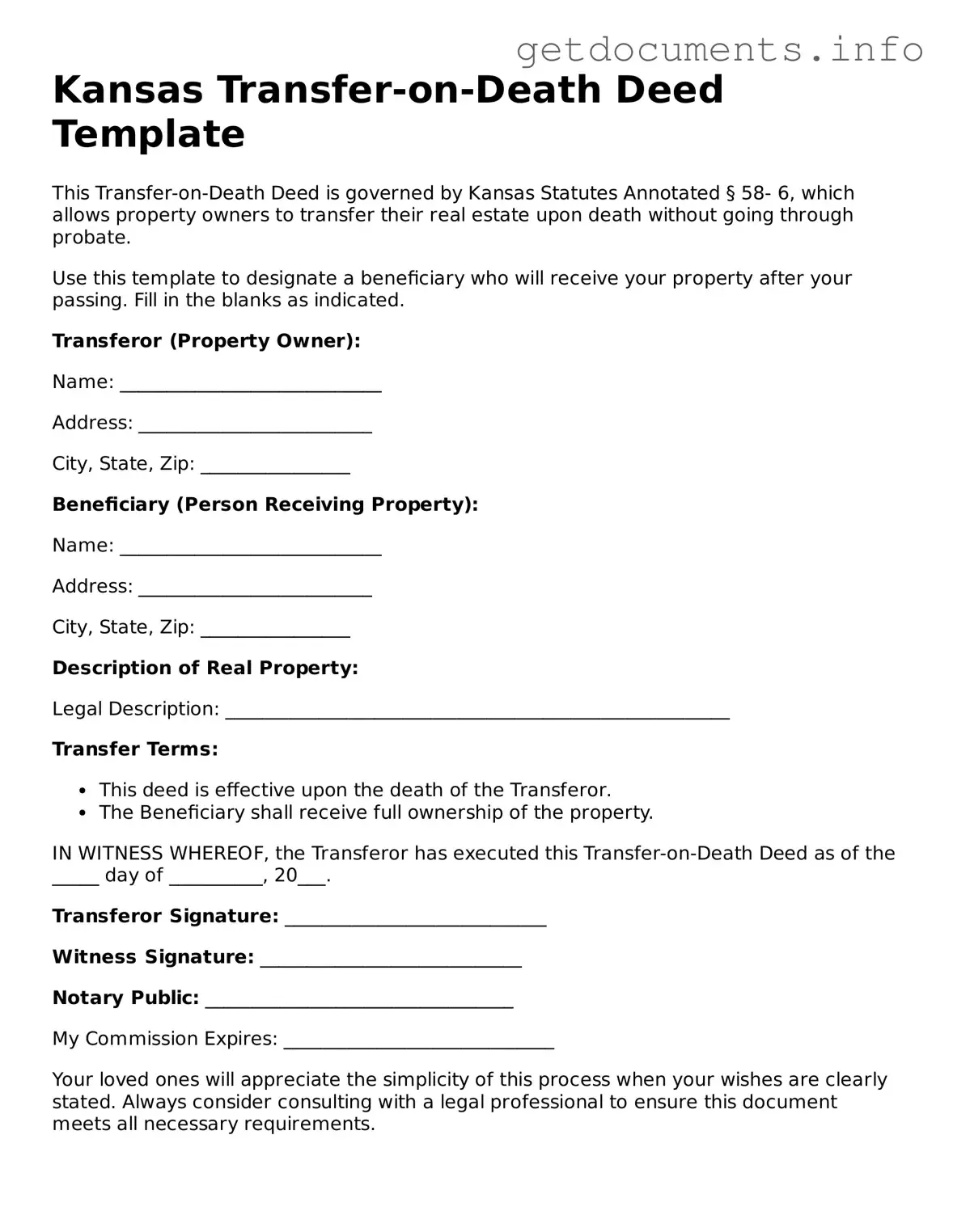 Free Transfer-on-Death Deed Template for Kansas