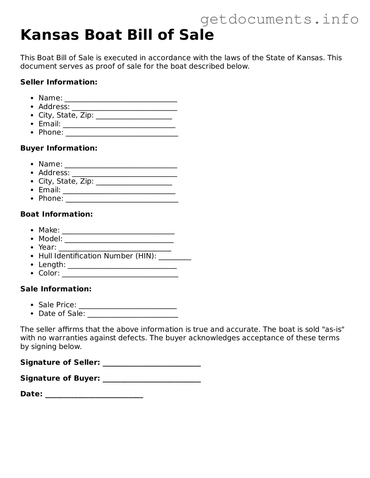 Free Boat Bill of Sale Template for Kansas