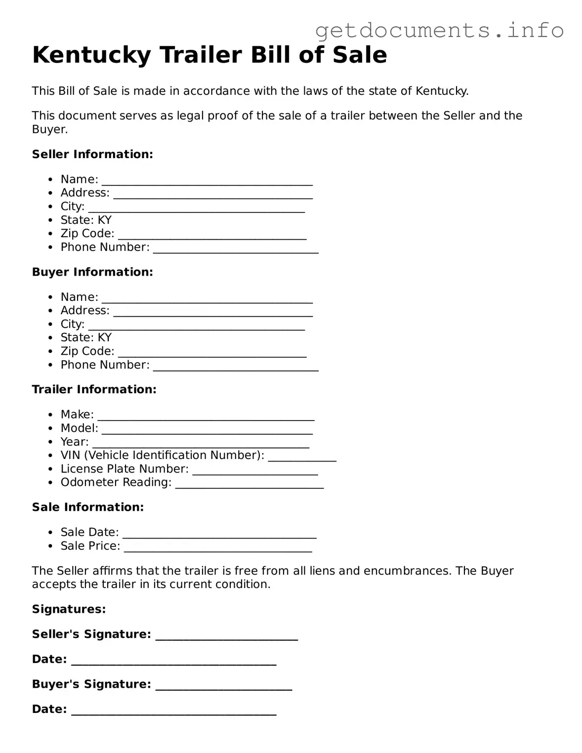 Free  Trailer Bill of Sale Template for Kentucky