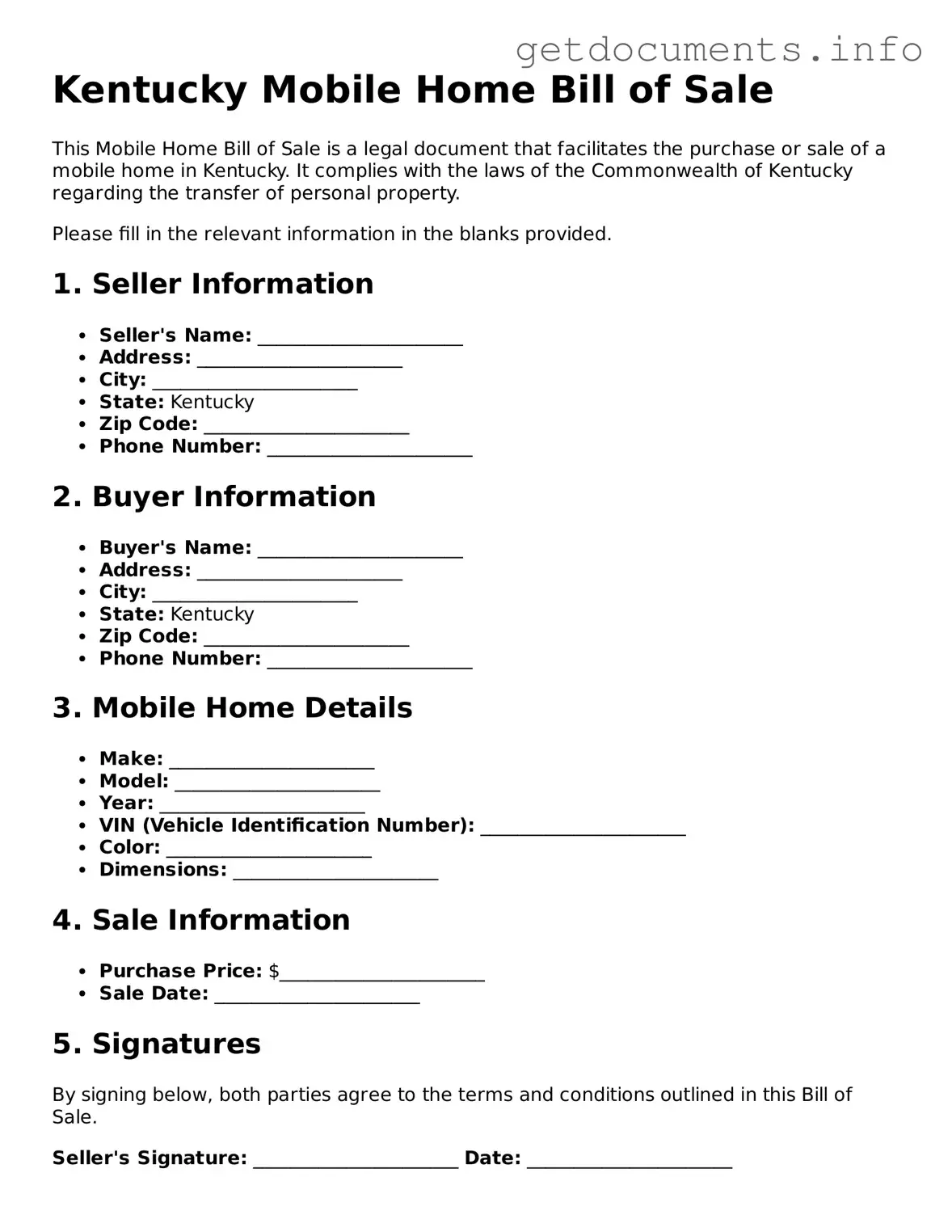 Free Mobile Home Bill of Sale Template for Kentucky