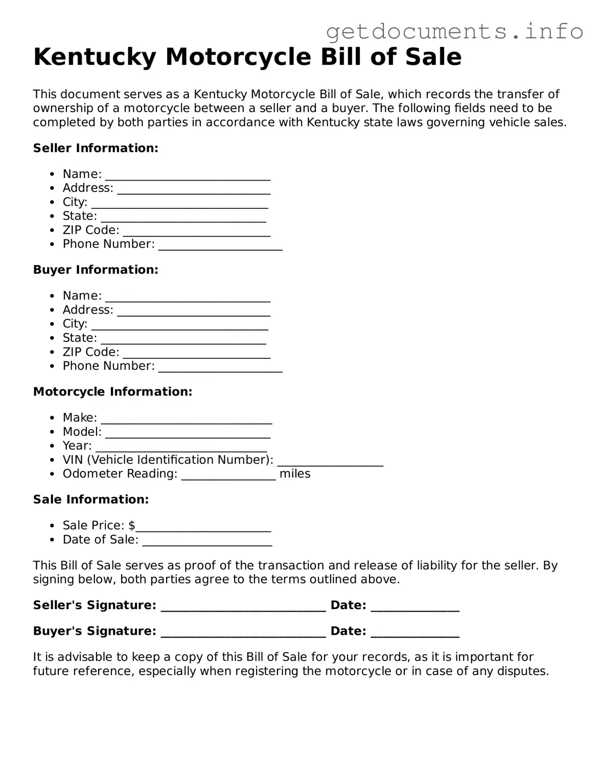 Free  Motorcycle Bill of Sale Template for Kentucky