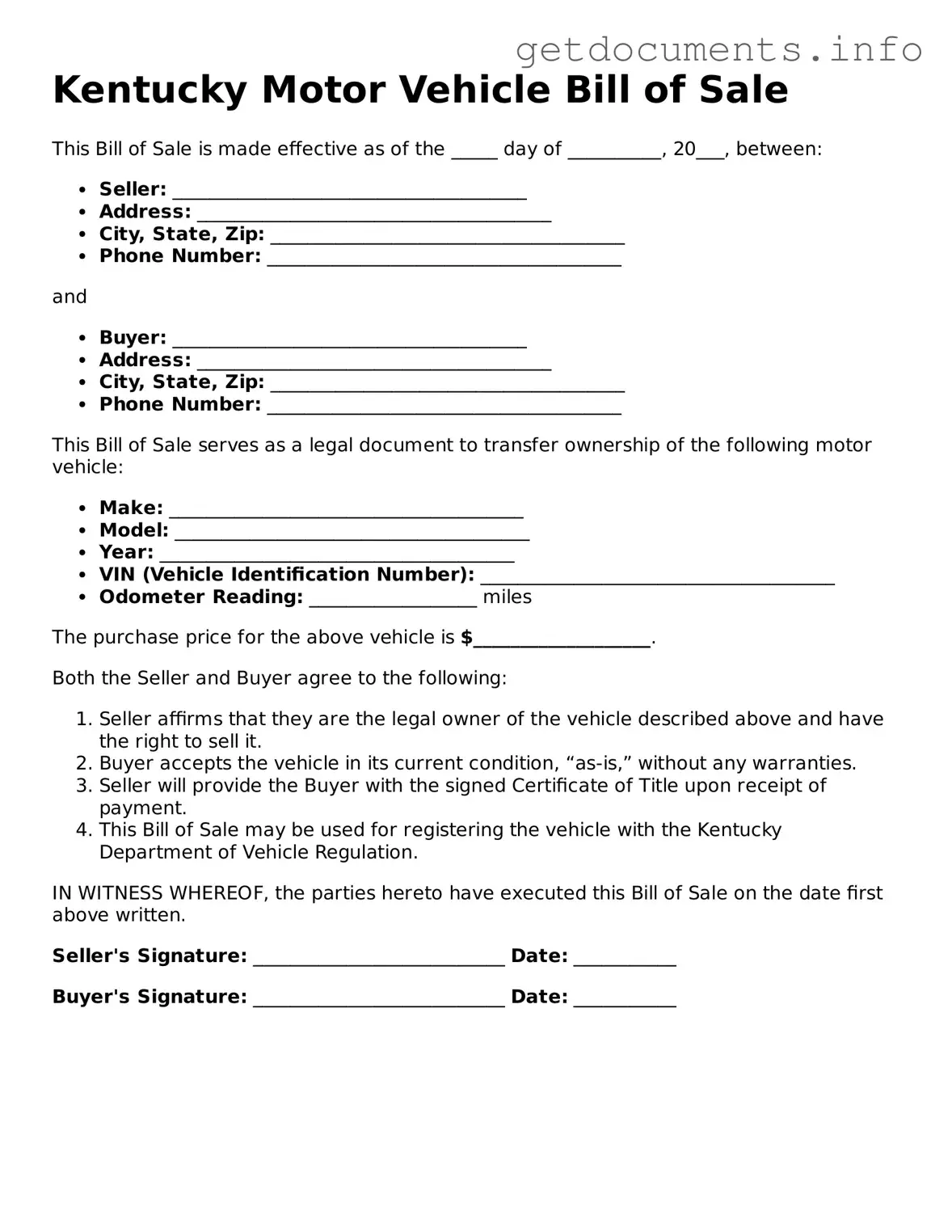 Free Motor Vehicle Bill of Sale Template for Kentucky