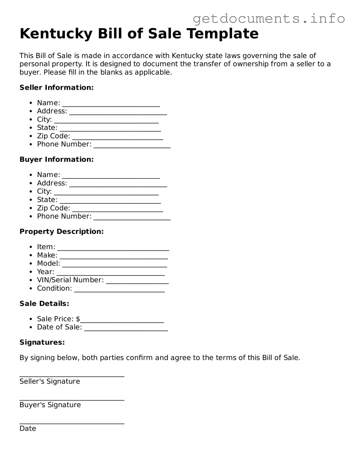 Free  Bill of Sale Template for Kentucky