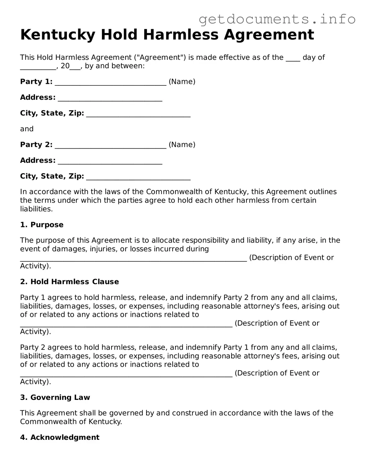 Free Hold Harmless Agreement Template for Kentucky