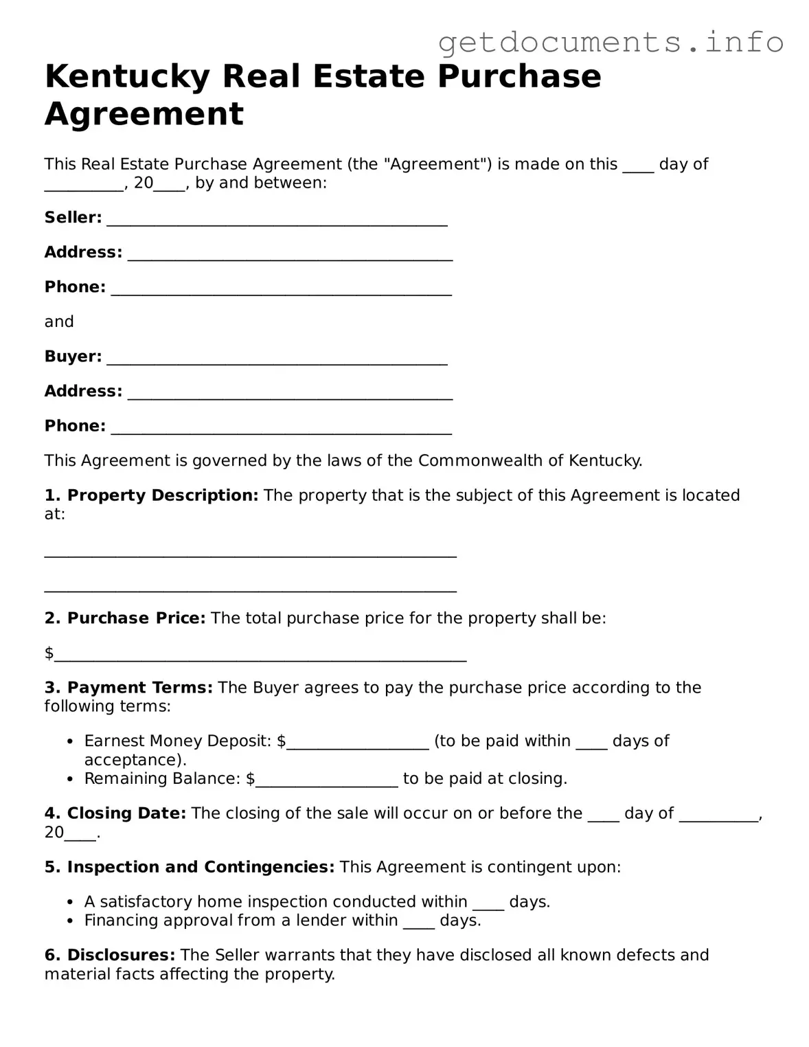 Free Real Estate Purchase Agreement Template for Kentucky
