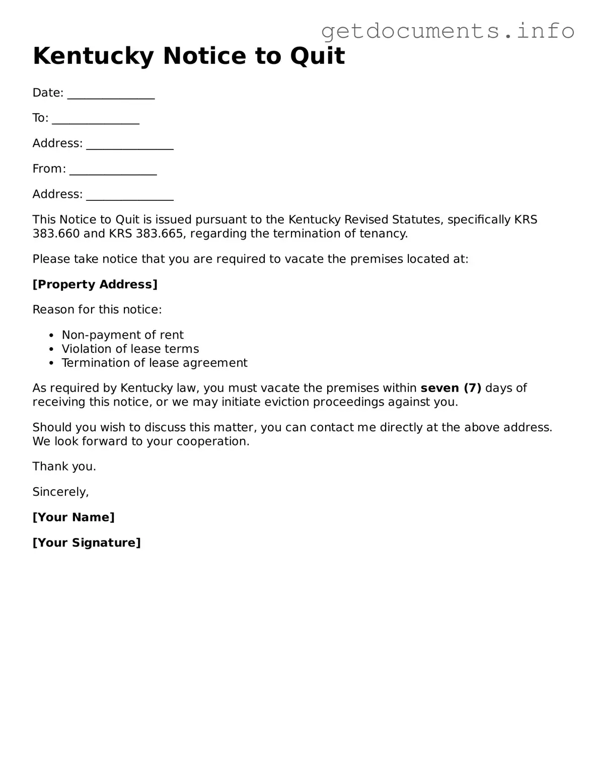 Free Notice to Quit Template for Kentucky