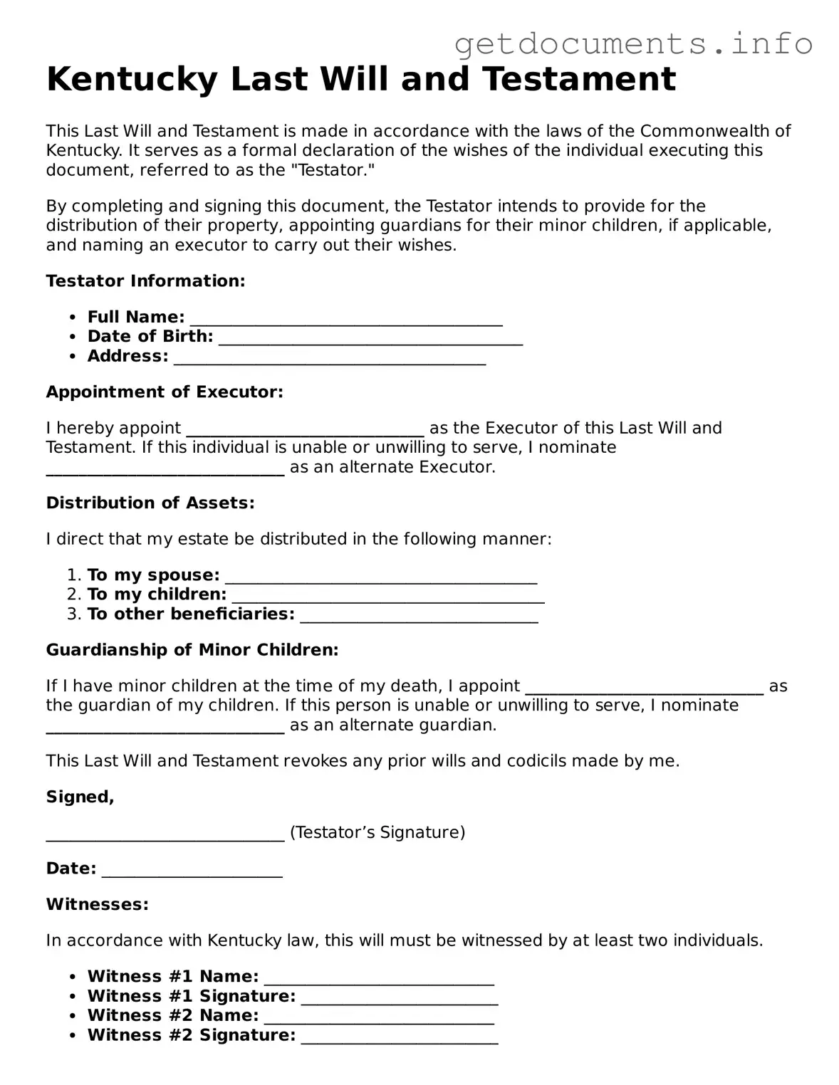 Free  Last Will and Testament Template for Kentucky